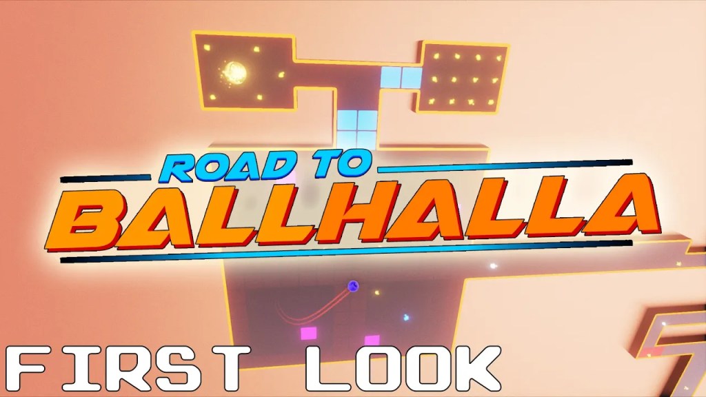 A grid of neon lights and lasers, with "Road to Ballhalla" and "First Look" written across the middle