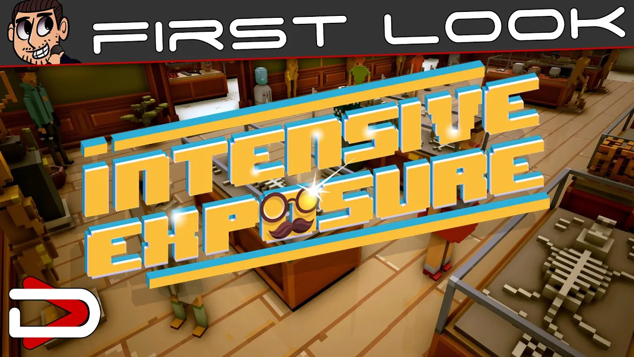 A voxel room that could be an office or a museum - it's very admin-y and old fashioned. The words "First Look" and "Intensive Exposure" cross the top. The "O" in exposure has glasses and a mustache.