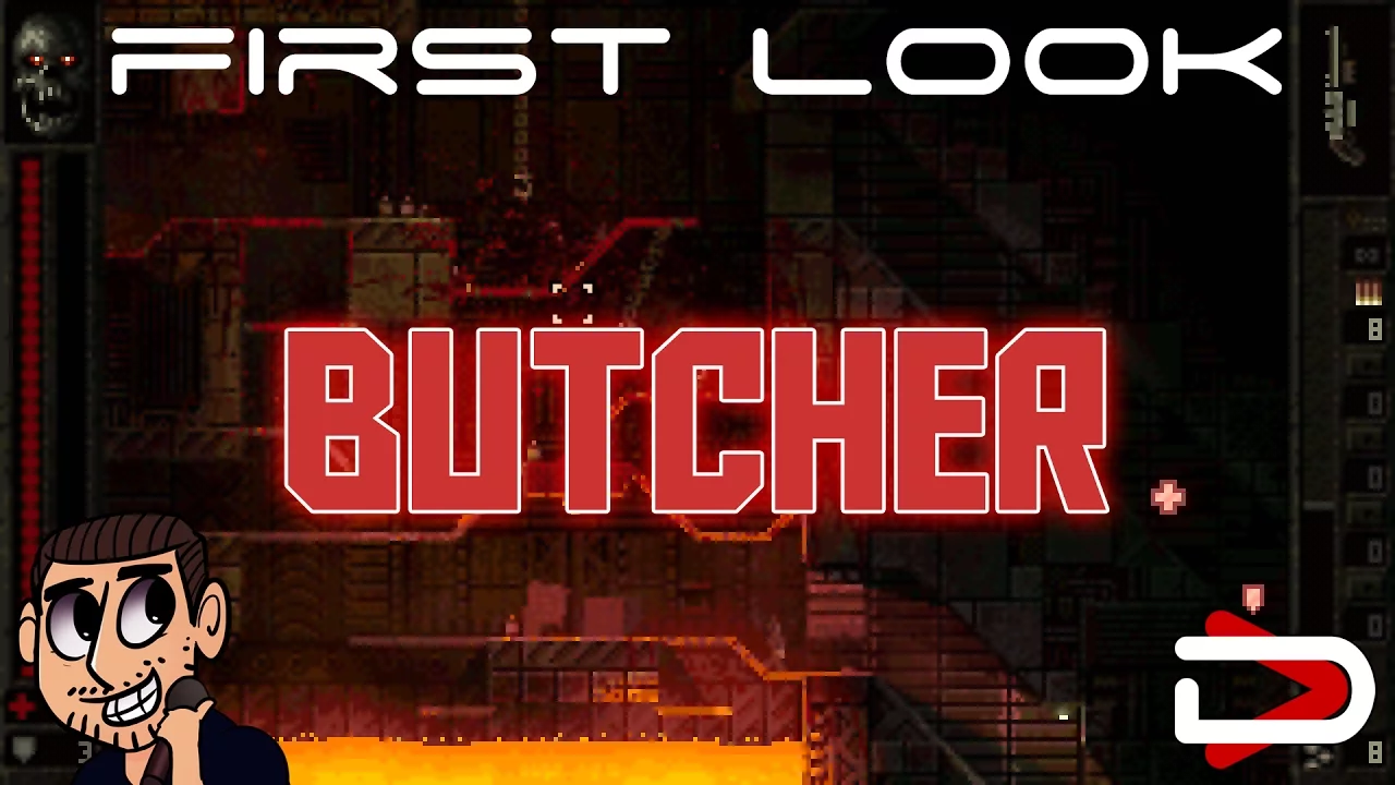 A pixel art scene with lava and rocky platforms. It's retro, but has a nice modern neon glow. The text "BUTCHER" is across it
