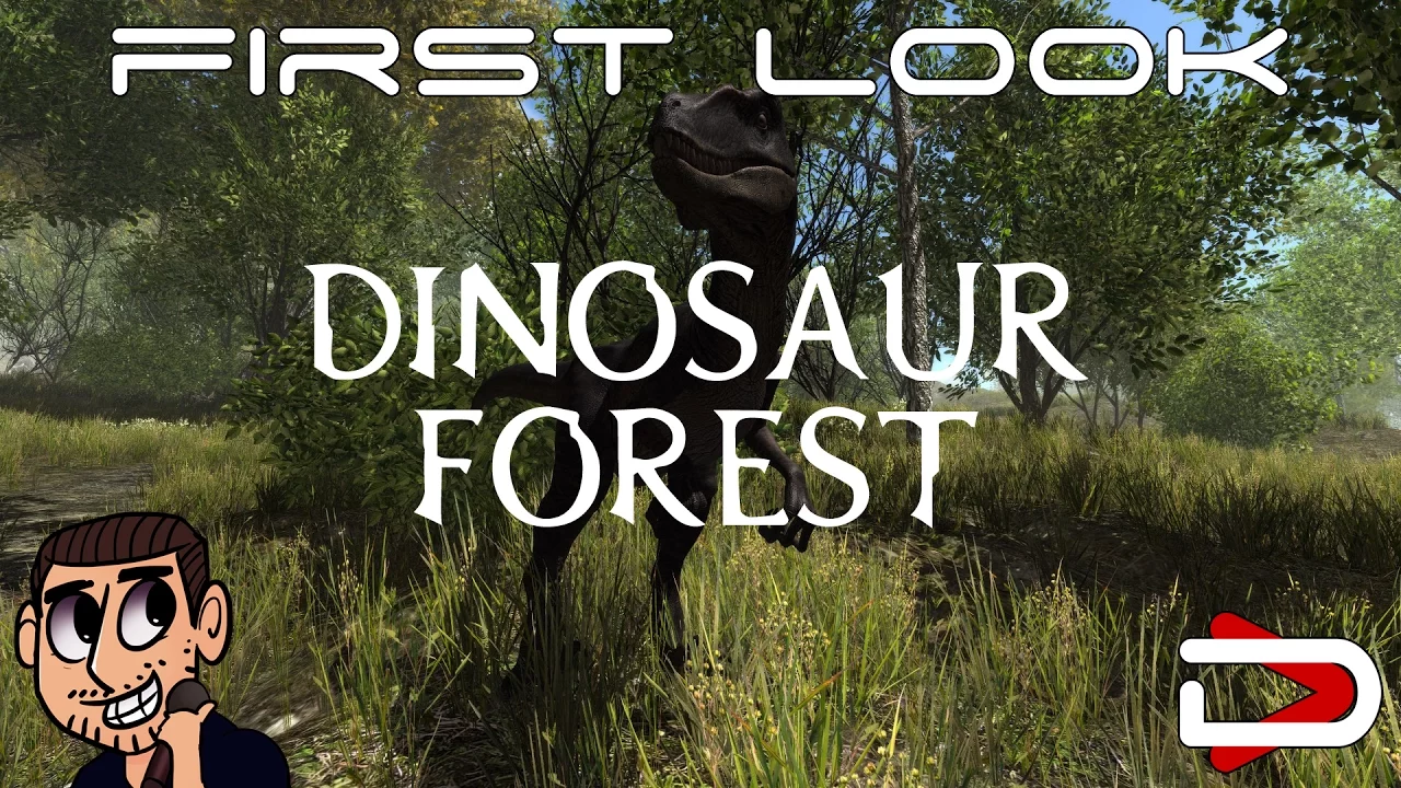 A jungle scene with a dinosaur (velociraptor) in the middle. The words "Dinosaur Forest" are written over the top.