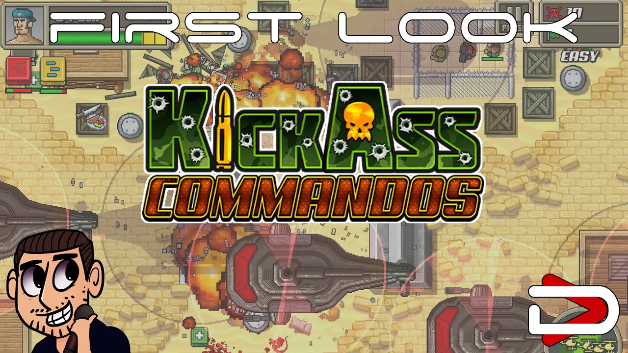A top-down pixel art scene with a lot of explosions and a helicopter flying across. The text "Kick Ass Commandos" is written across the middle. The I in kick is a bullet. The A in ass has a golden skull in the hole.