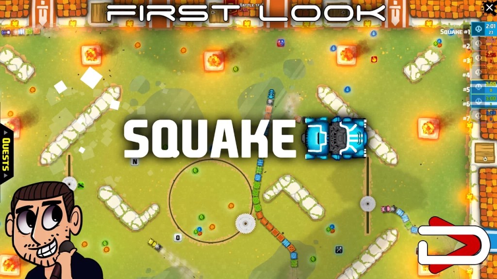 A top-down pixel art scene that kind of looks a bit like a soccer or baseball field. A worm that looks like a train is moving among the obstacles. "Squake" is written across the middle