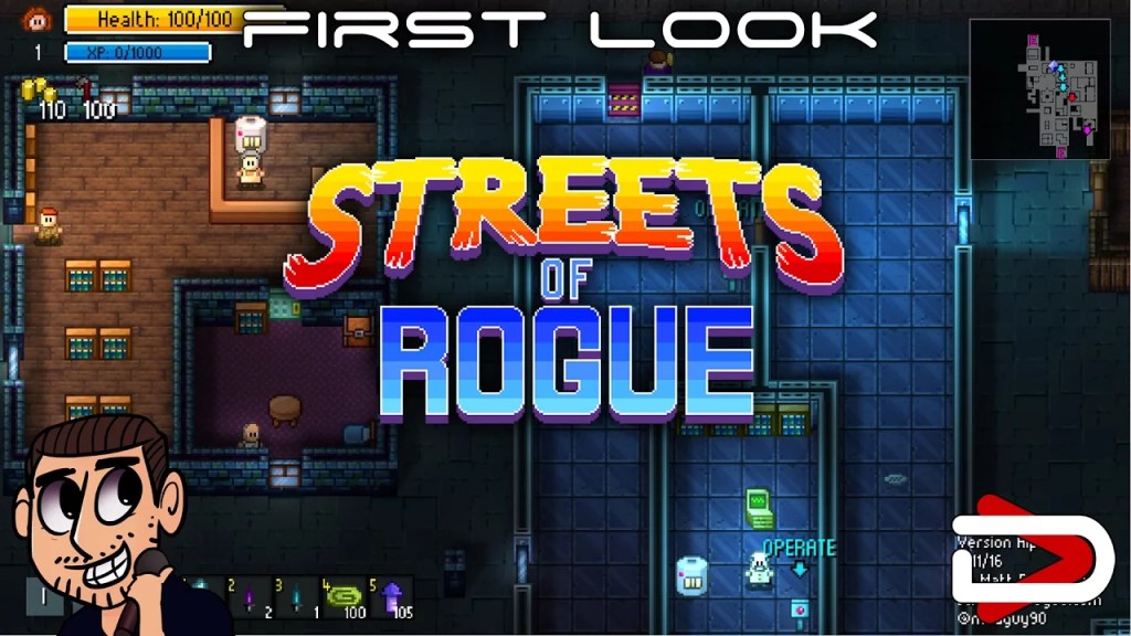 A colourful top-down pixel art scene, showing a bunch of rooms and glowing lights. The words "Streets of rogue" are written across the middle