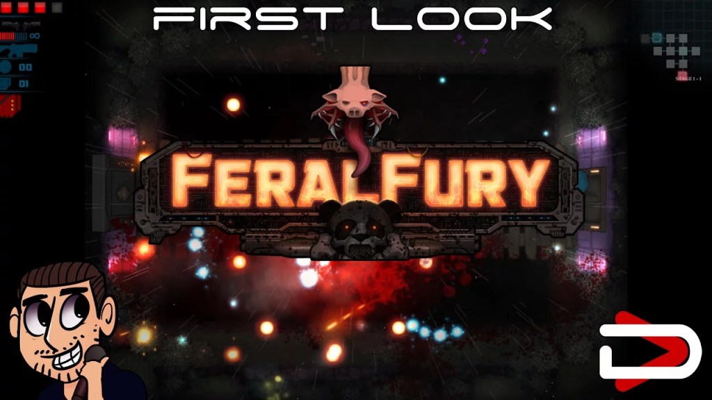 A dark space scene with a lot of bright particles flying through the air. The words "Feral Fury" are written across the top with a logo that looks like an angry panda.