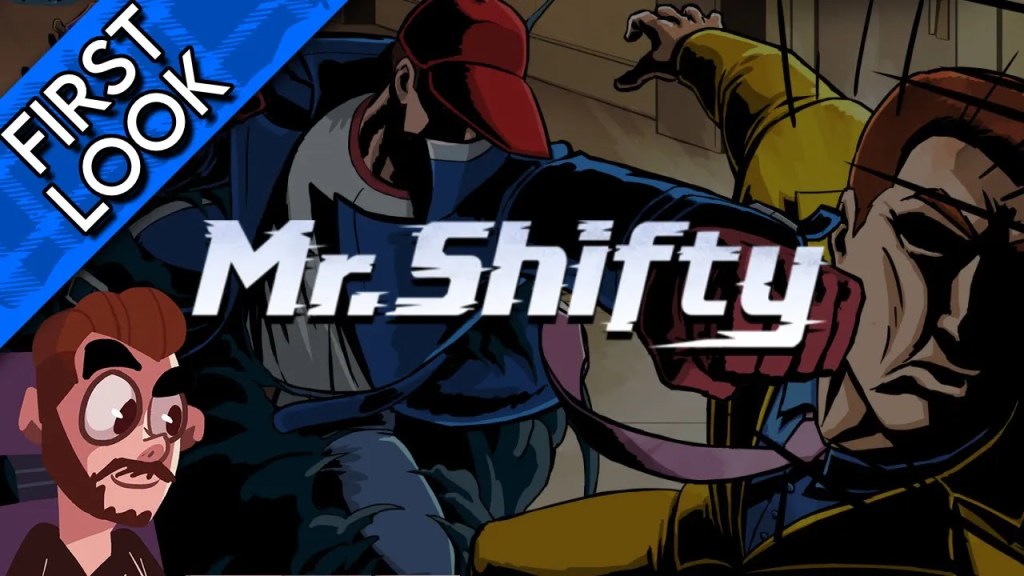 A cel-shaded cartoon of a man in a cap punching another man, wearing a yellow suit, in the face. The Mr Shifty logo is across the middle.