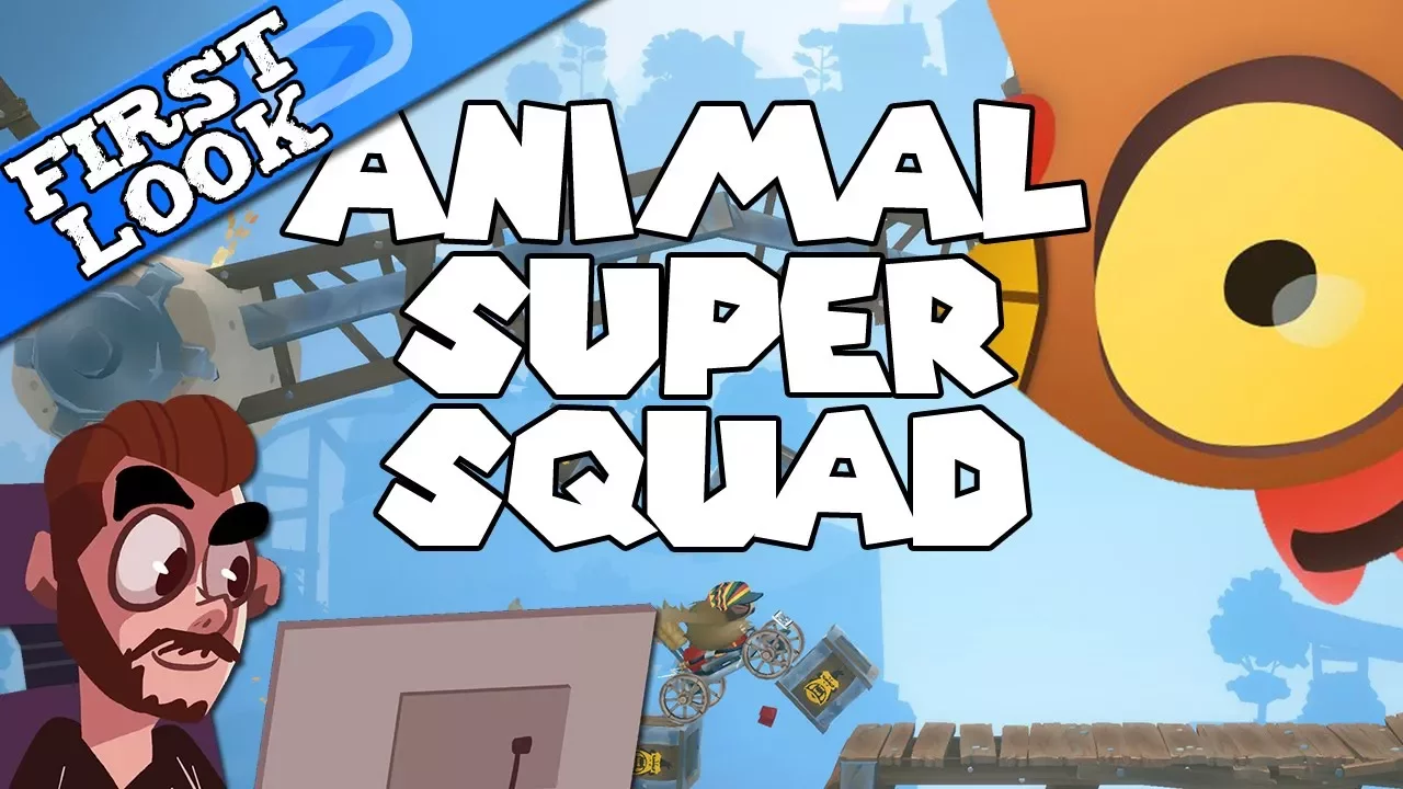 A colourful platform scene with a big cartoon chicken eye in the corner. In the middle, "Animal Super Squad" is written in a Mario-esque font