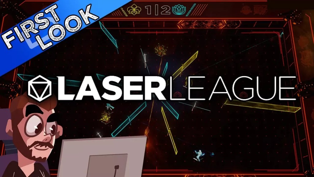A top-down sports arena in a minimalist futuristic neon style. There's some laser traps visible, alongside some players. The words "Laser League" are written across the middle.