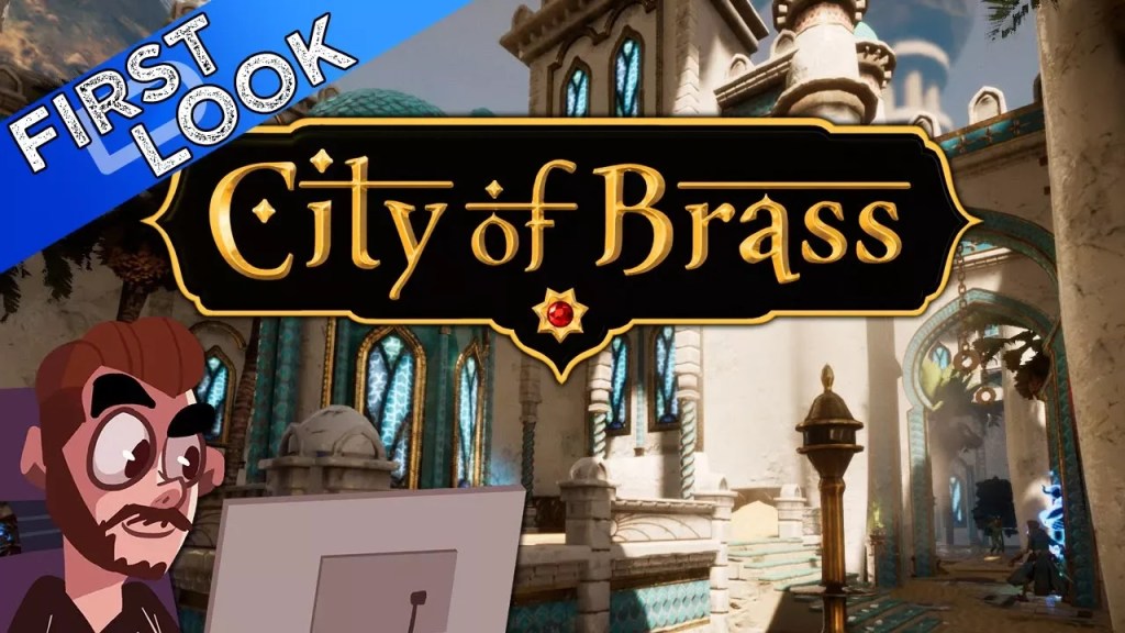 The interior of a desert temple in a classic Persian style. The vaguely Middle-eastern "City of Brass" logo is in the middle.