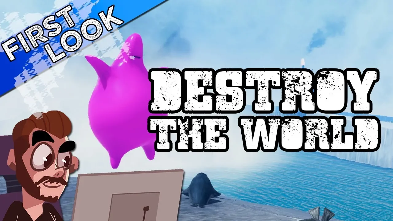 A cute pink blob monster is jumping around. The words "Destroy the World" are in the middle beside it.