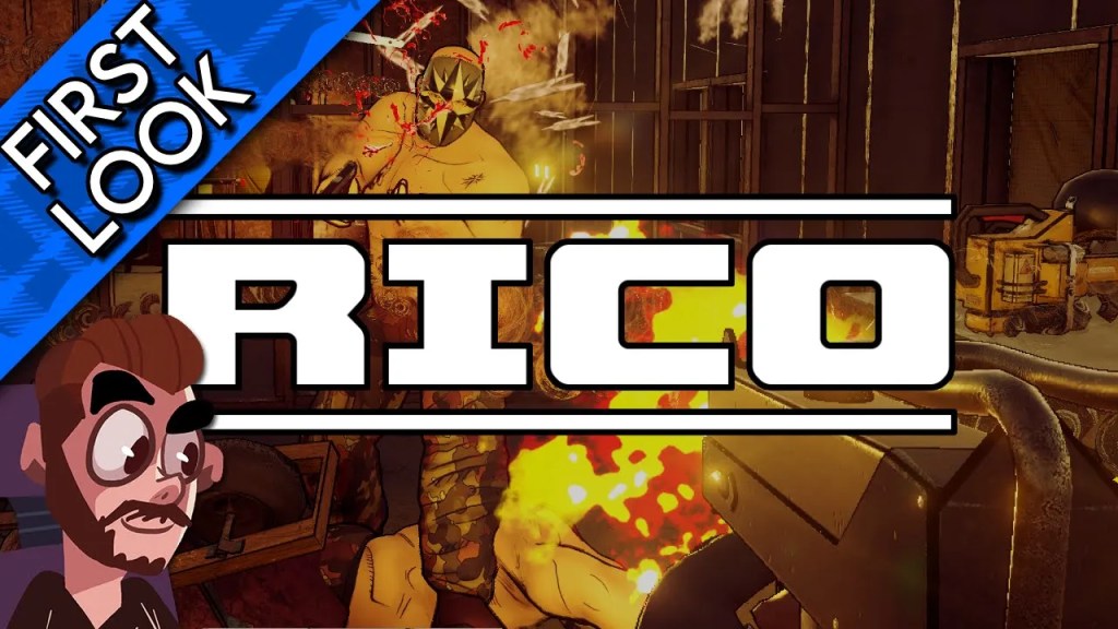 A couple of gangsters in masks are being shot in first-person by the player. The muzzle fire is making the whole scene warm.