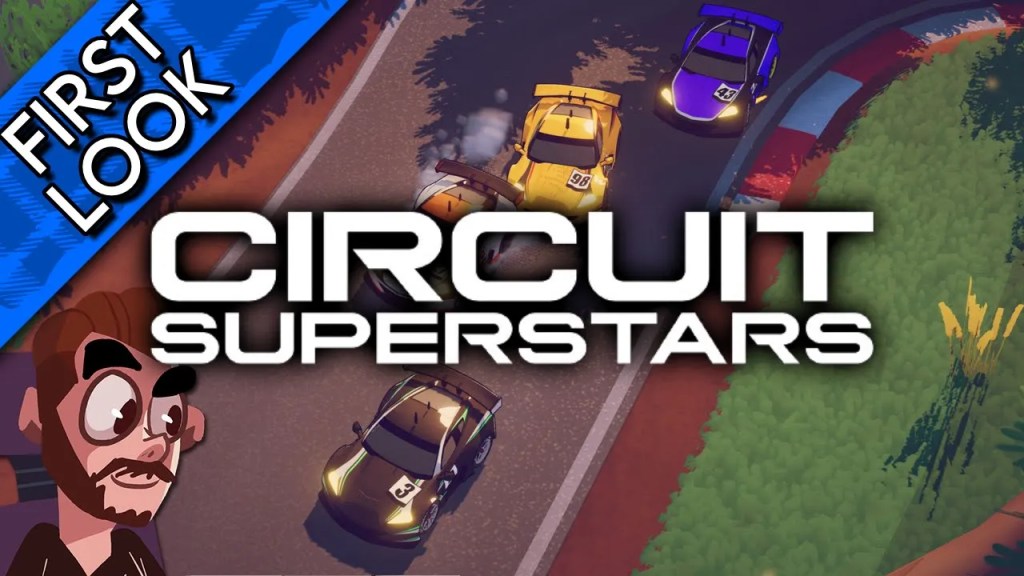 A cute top-down racing scene, showing GT cars pretty tightly bunched up. The text "Circuit Superstars" is across the middle.