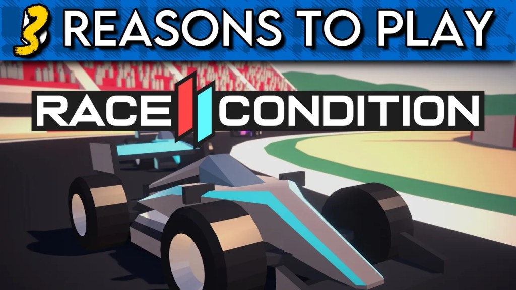 A close-up of a low-poly style formula car, driving to the right. The game logo is across the middle.