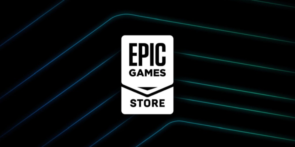 The Epic Games Store logo on a black background with turquoise zig zags