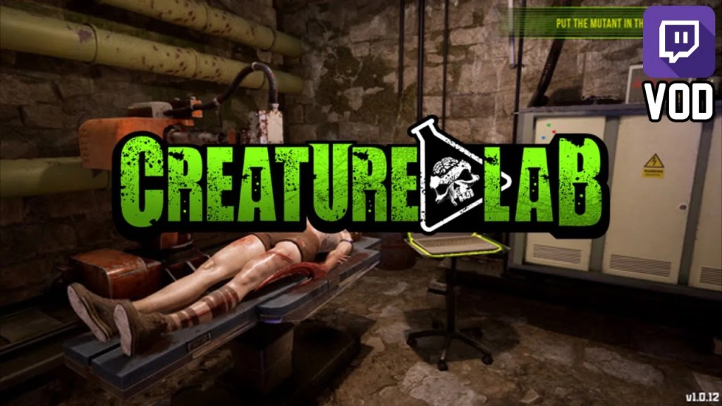 A Frankenstein-esque lab with a figure laying on a slab, rendered in Unity. It's all dirty. The Creature Lab logo (which has a test tube containing a skull in it) is across the middle.