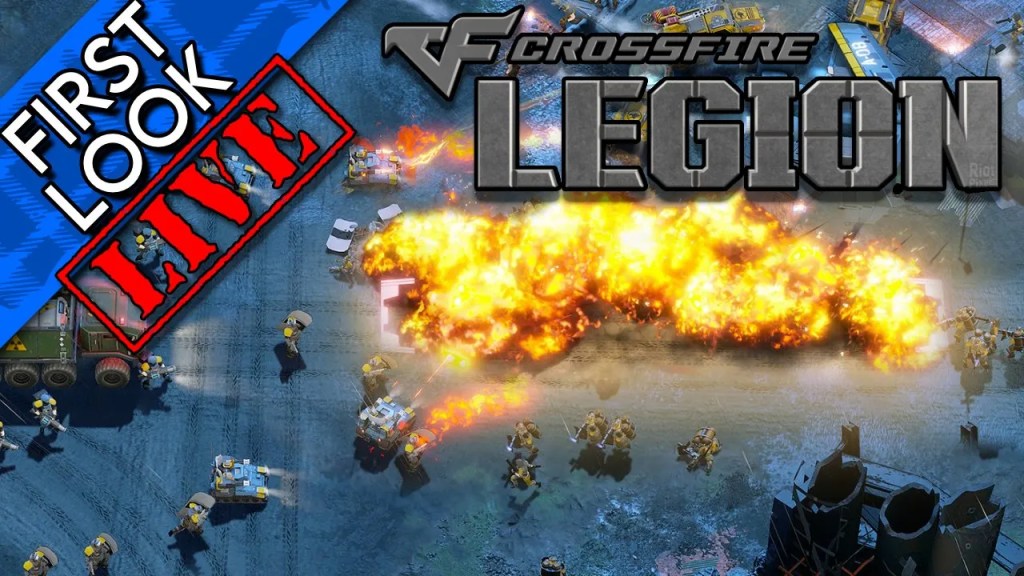 A top-down view of a strategy game. All you can really see is a big explosion. The Crossfire: Legion logo is across the top.