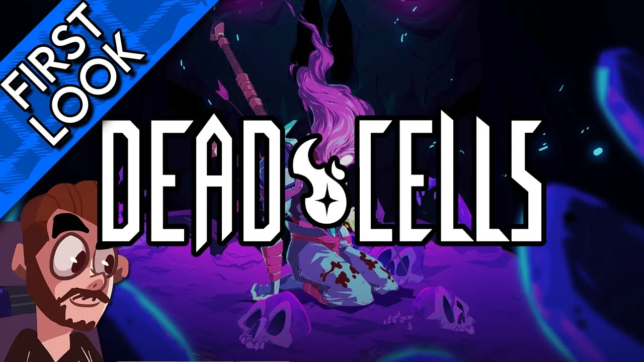A cel-shaded figure kneels in a dark cave with skulls around them. Their head is a flame. Their clothes are bloodstained and they have a sword and bow on their back. The Dead Cells logo is across the middle.