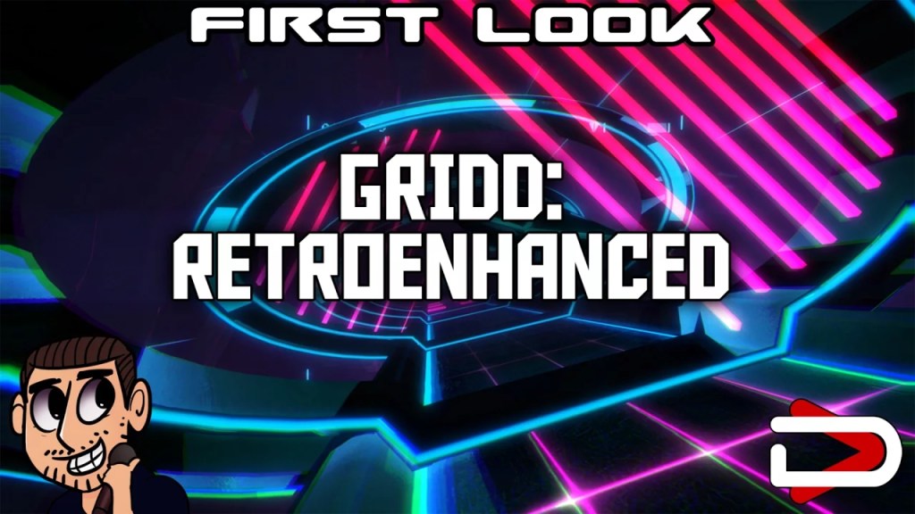 A futuristic neon scene with lasers in a tunnel. The name "Gridd: Retroenhanced" is across the middle.
