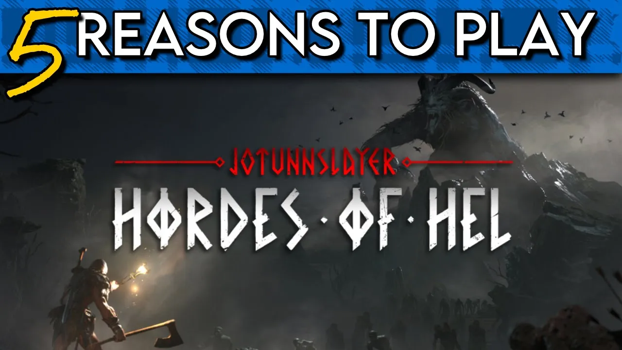 A foggy scene, showing a person in the bottom left corner holding a torch and an axe, as a giant horned creature bears down on them from the top right. The game logo is across the middle.