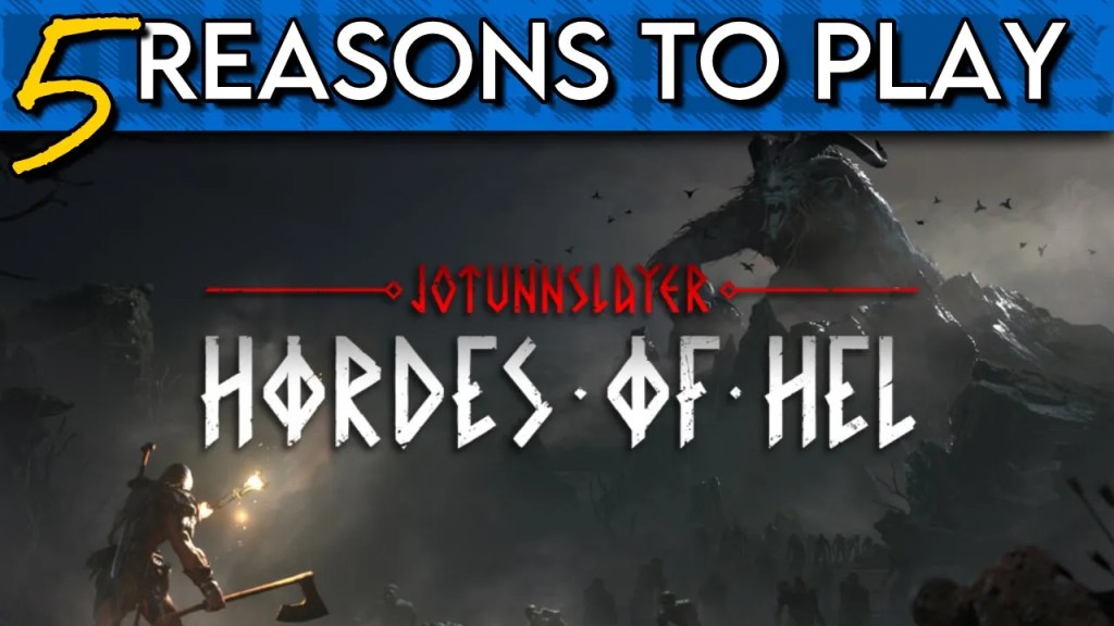 A foggy scene, showing a person in the bottom left corner holding a torch and an axe, as a giant horned creature bears down on them from the top right. The game logo is across the middle.