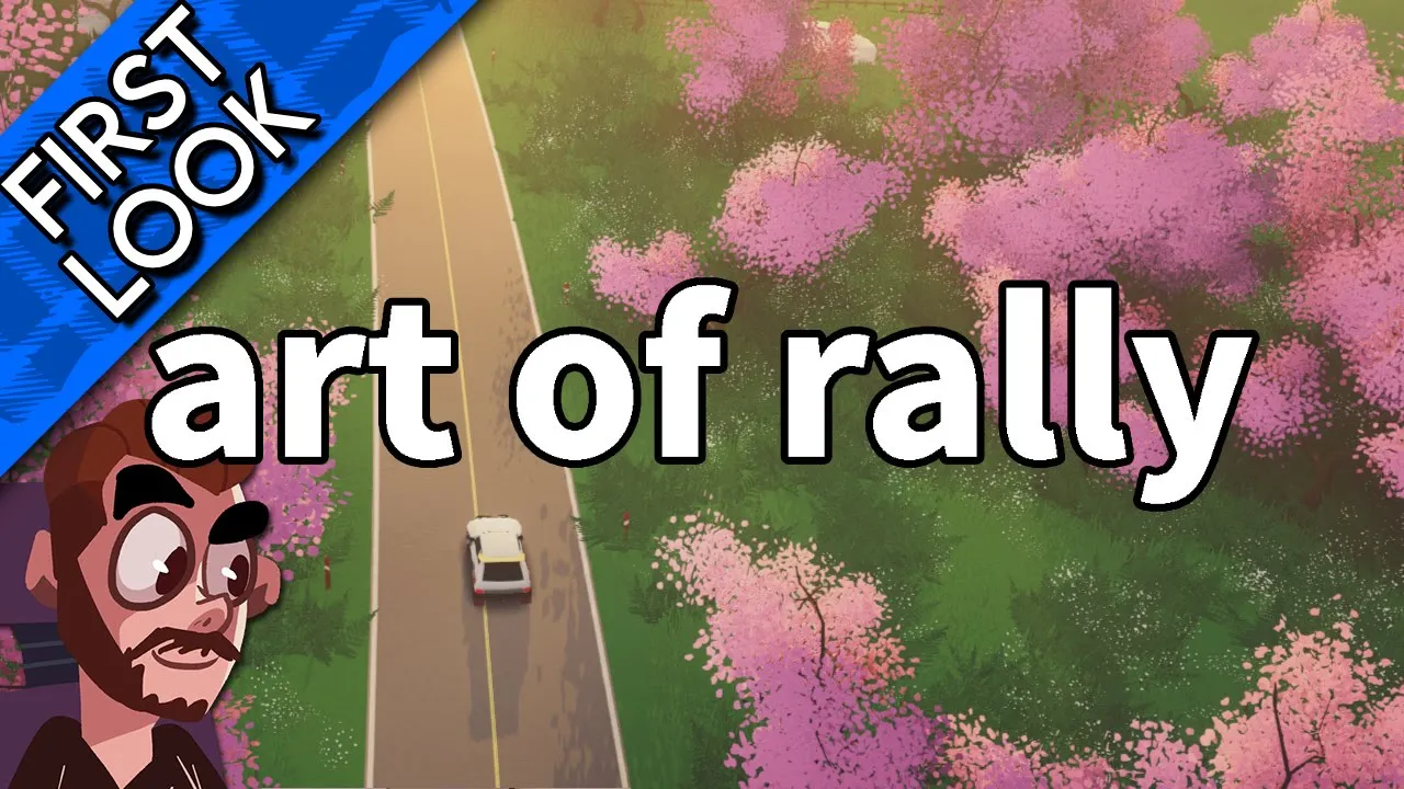 A top-down low poly driving video game, with bright colours. The race track is tarmac and lined with cherry blossom trees. Across the front is the text "Art of Rally"