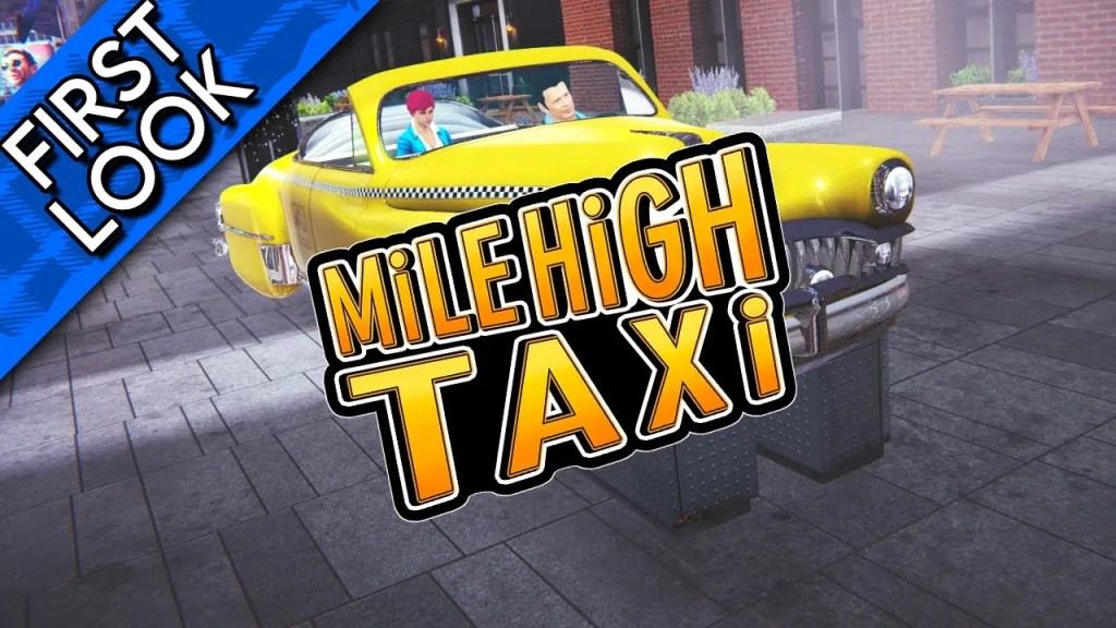 A retro-futuristic 50s New York-style convertible flying taxi. It has a driver and a passenger, but appears to be stopped among towering city blocks.