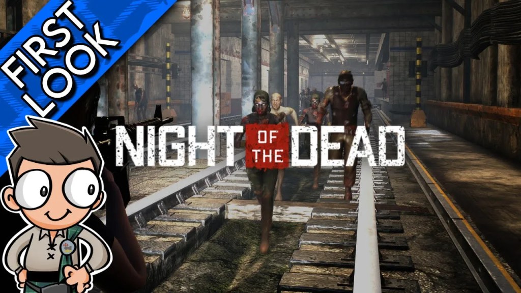 A ground level scene of a zombie crowd moving toward the camera. They're walking on railway tracks. To the left, someone with their back to the camera is holding up a rifle to shoot them.