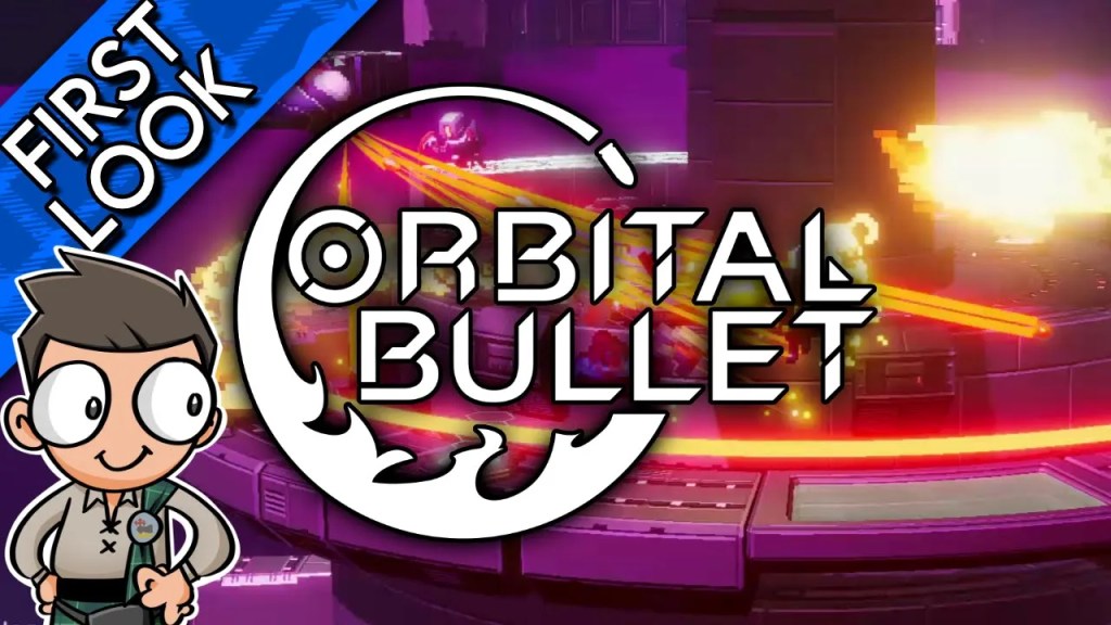 A chaotic futuristic scene with very colourful projectiles flying everywhere. The Orbital Bullet logo is in the middle (and it has a circle round most of it)