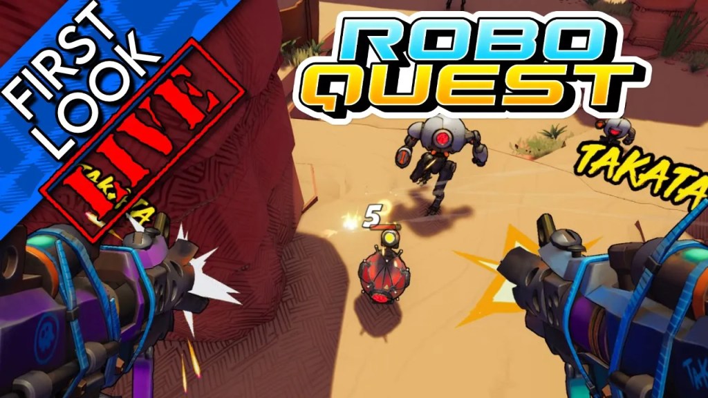 A first person view of someone shooting a couple of robots. It's in cel-shaded style. The Roboquest logo is across the top.