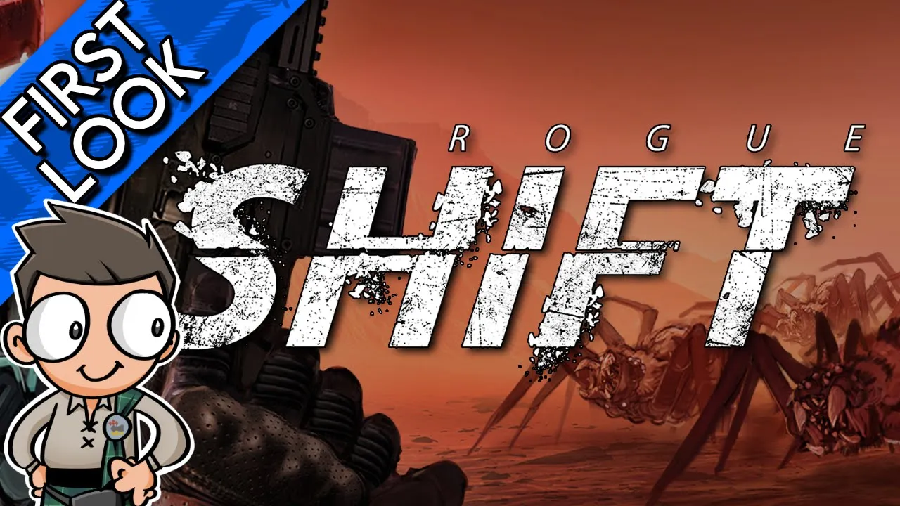 An alien landscape reminiscent of Mars, with giant spiders on the right and the shoulder of some type of Marine on the left, holding up a giant rifle. The Rogue Shift logo is in the middle.