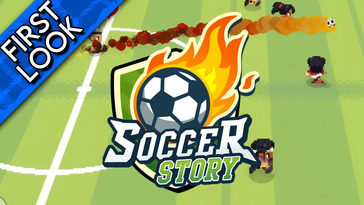 A top-down view of a football (soccer) pitch. The Soccer Story logo (a shield with a flaming ball on it) is across the middle.
