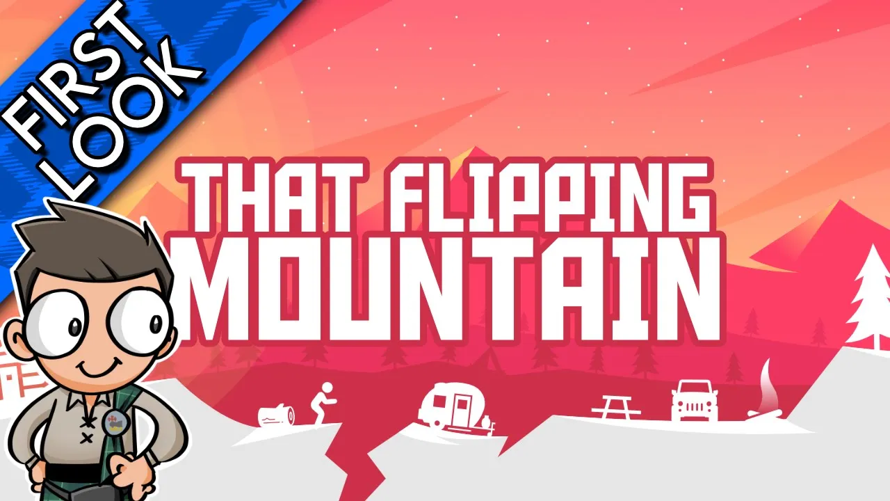 A 2D monochrome mountain scene. All of the foreground objects are white, with shaded colour in the background. A small skier is next to a crack, with camping gear on the other side. The text "That Flipping Mountain" is written across the centre.