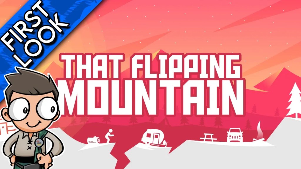 A 2D monochrome mountain scene. All of the foreground objects are white, with shaded colour in the background. A small skier is next to a crack, with camping gear on the other side. The text "That Flipping Mountain" is written across the centre.