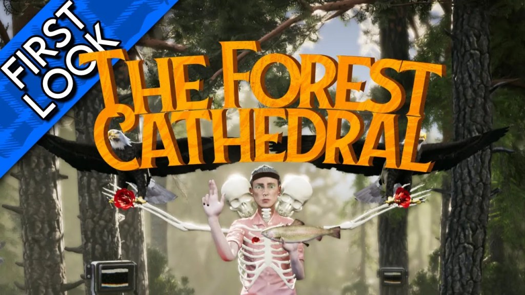 A Unity-rendered skeletal figure, standing in a forest, holding a fish and raising a finger. Two eagles are flying over them. The Forest Cathedral logo is across the middle.
