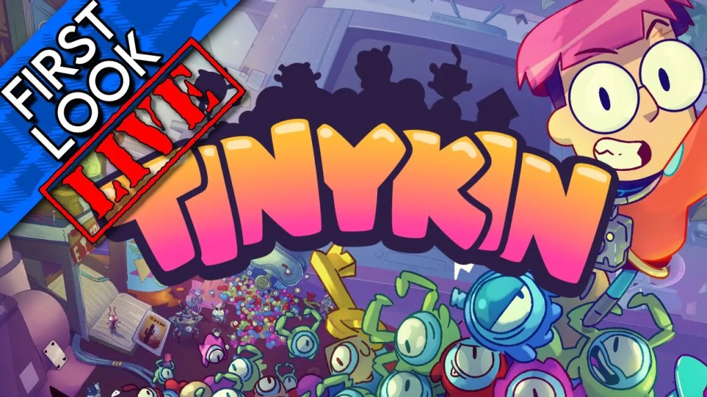 A bunch of little cartoony alien creatures with one eye are running around in a cartoony human world. It's chaotic. The Tinykin logo is across the middle.