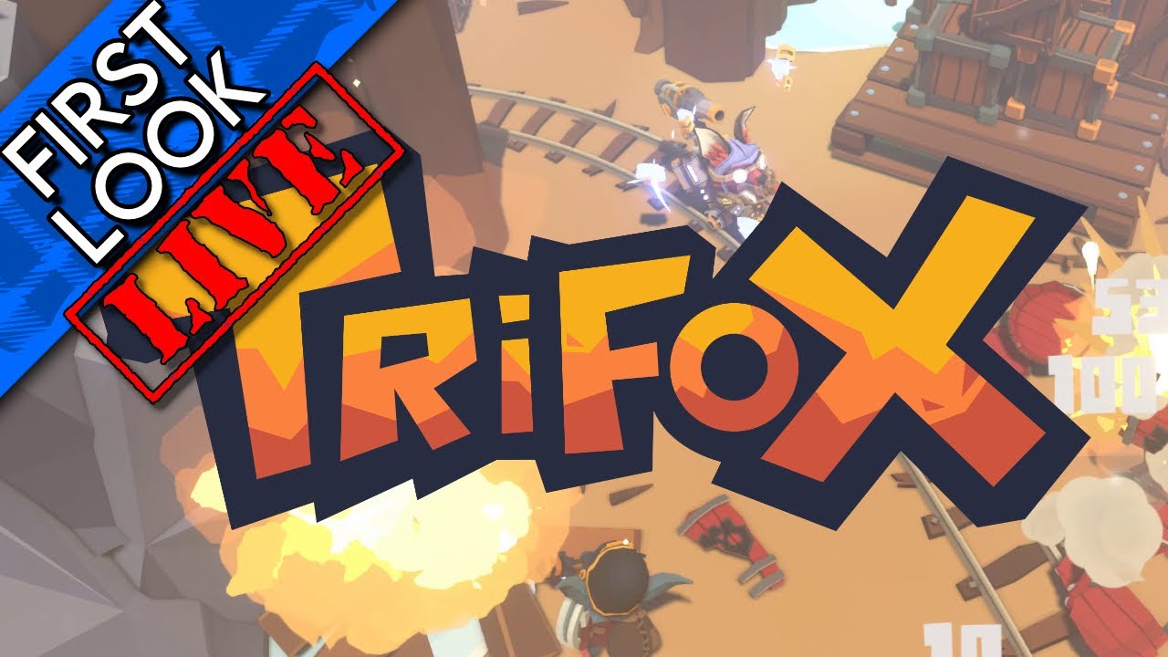 A top-down action scene with explosions and a railway track. The Trifox logo is across the middle.