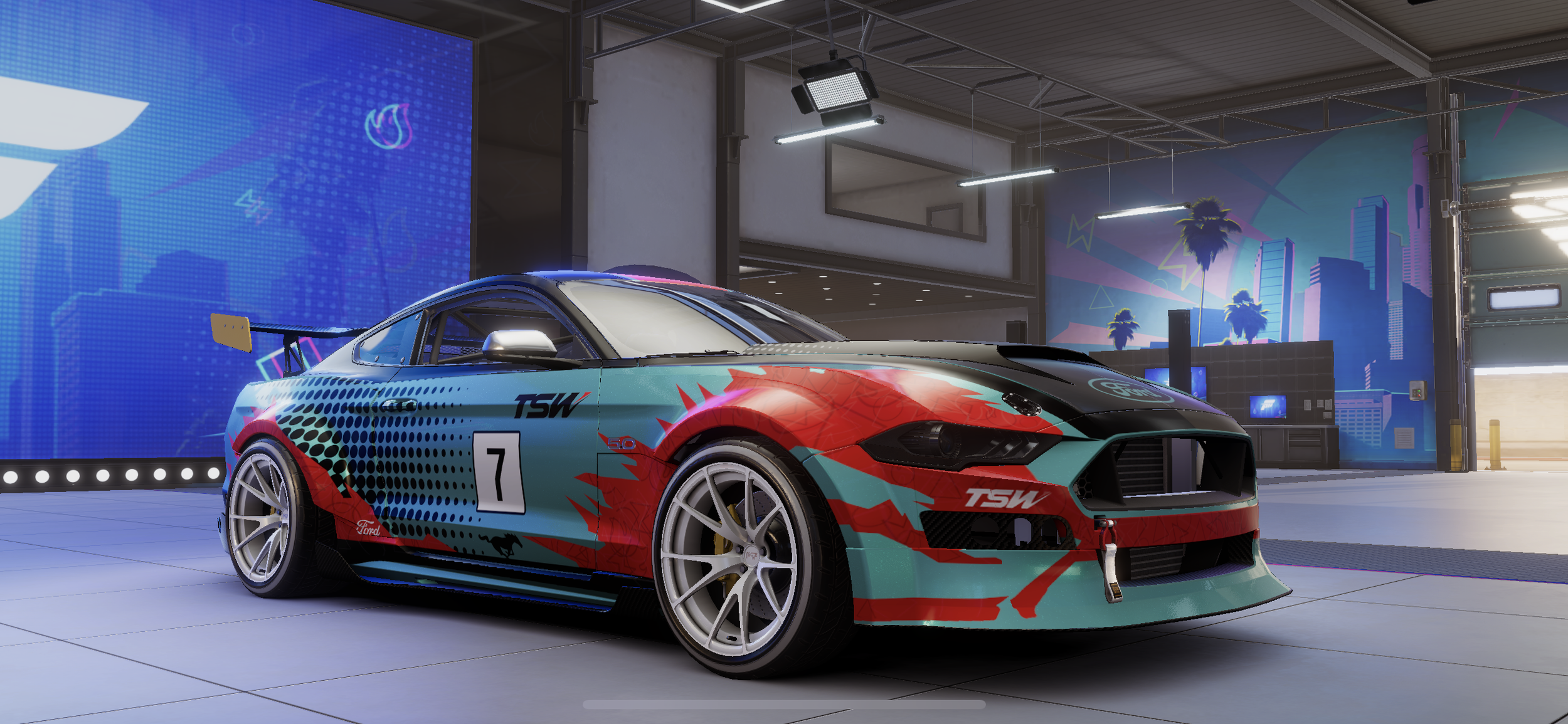 A modern Ford Mustang in racing spec. Big spoiler, deep dish rims, blue with red stylised tribal flame decals.