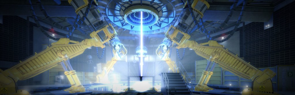 The infamous Test Chamber. A large circular room with a big laser thing in the middle, firing a bunch of lasers from the walls to a container in the middle.
