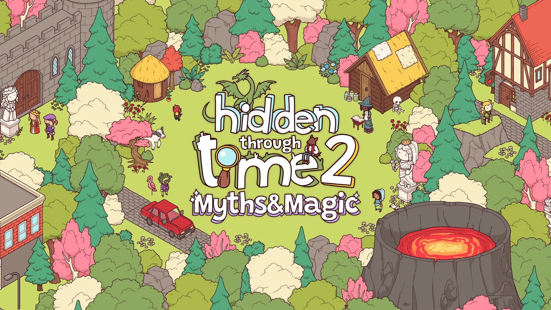 An isometric view of a cartoon scene in the woods. In the bottom right is a volcano. A car is parked on cobblestone on the left side. Scattered around in a clearing are a bunch of fantasy-themed people - a princess, a wizard , a bard (maybe) and someone with snakes for hair. In the top right corner is a log cabin.