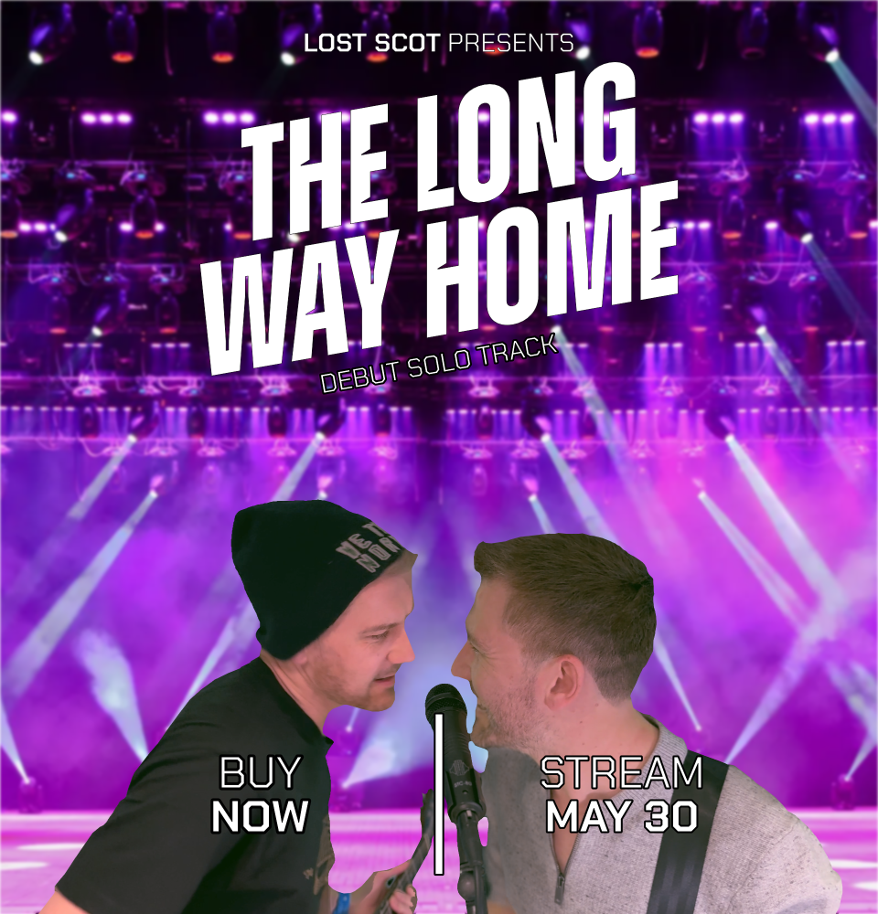 A parody of the Heated Rivalry promo images. The background is a purple-lit stage (the one from my video). In front is two copies of me, one wearing a black "We the North" toque and a black D'Addario t-shirt, the other in a grey sweater. They're both standing next to a microphone in the middle of a song, staring into each other's eyes. At the top is the text "Lost Scot presents The Long Way Home Debut solo track" in the Heated Rivalry fonts. At the bottom is says "buy now" on one side and "stream May 30" on the other.