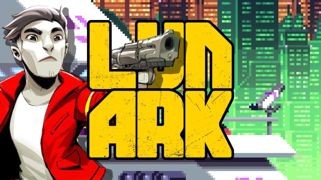 A cel-shaded white man with short wavy hair is wearing a vest under an open jacket. He's black and white but the jacket is red. He's standing to the left side, pointing a gun toward the middle of the screen. In the centre is the word "Lunark", stylised across two lines, split as "LUN" and "ARK" in big stone letters. The background is a cyberpunk pixel art city (a screenshot of the game).