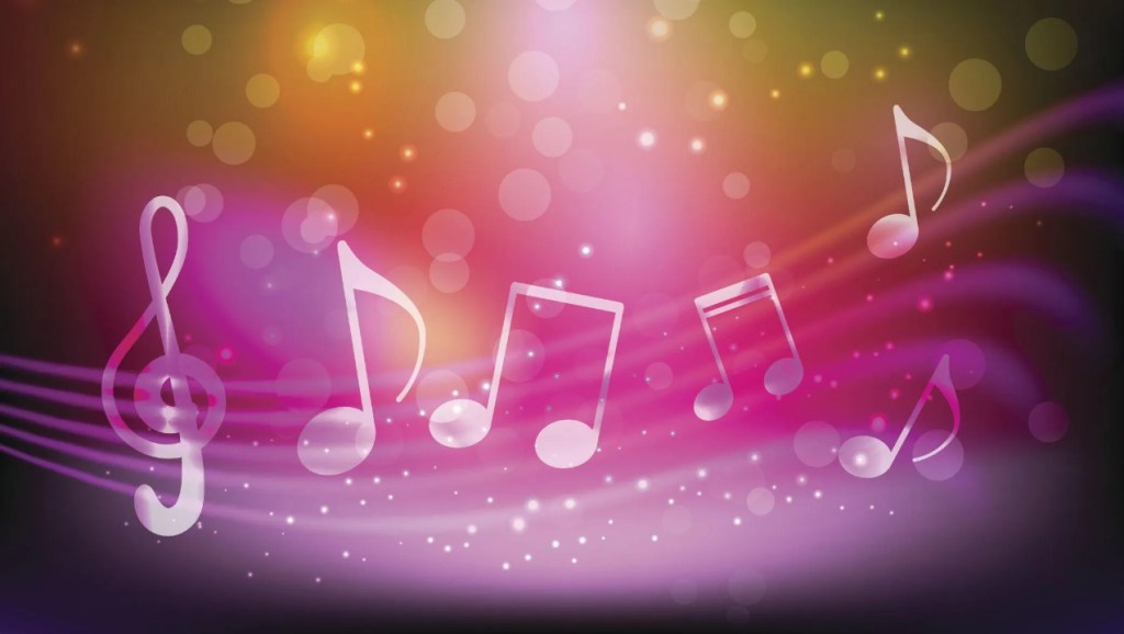 A large music stave, with a multicoloured background.