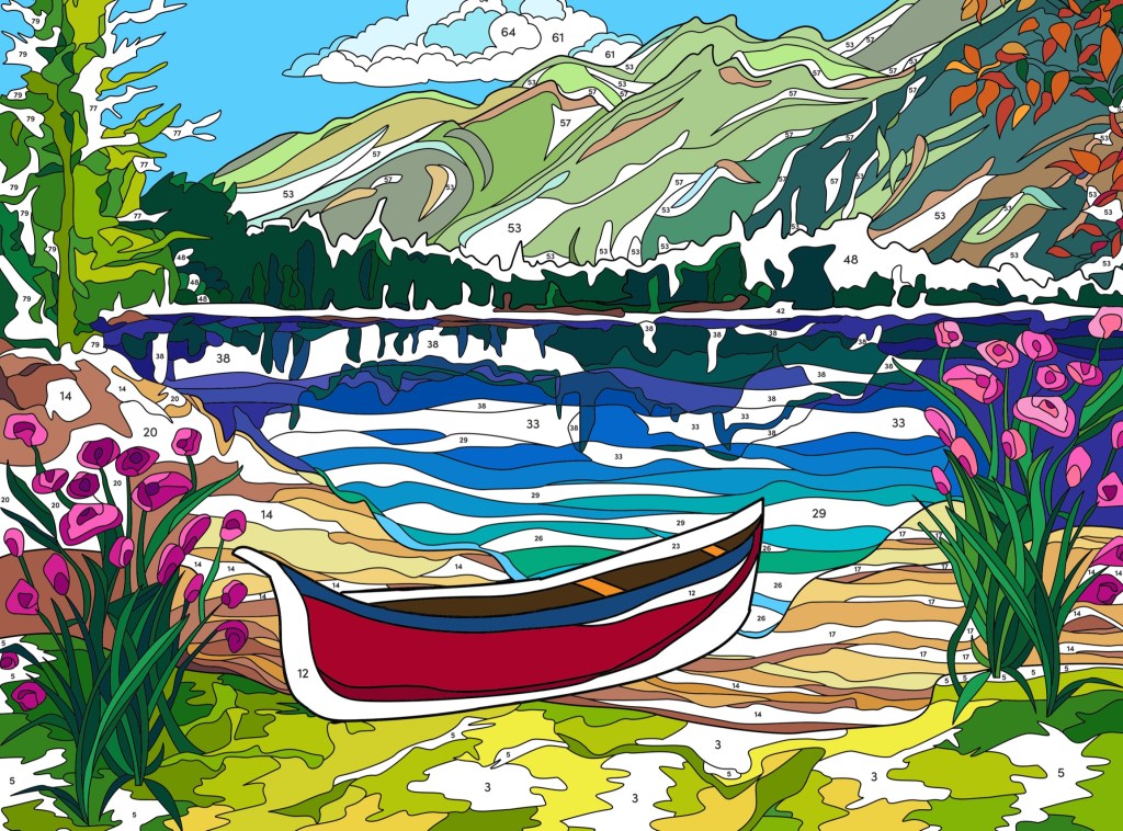 A half-finished paint by numbers image of a boat by a lake in the mountains
