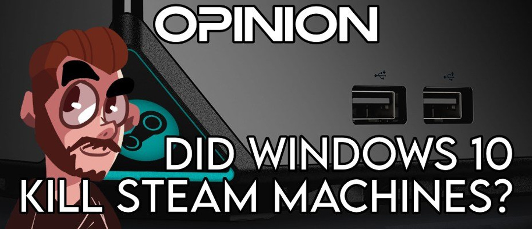 A cartoon man is looking at the camera with a close-up shot of an Alienware Steam Machine in the background.