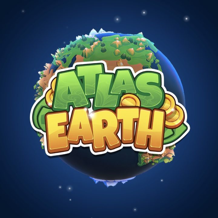 A cartoony image of Earth with the Atlas Earth logo over the top in a fun font.
