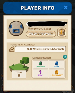 A screenshot of my profile with the username blacked out, showing my parcels of land and the $0.0711... I've earned so far.