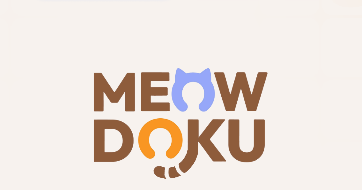 A cute font that says "MEOW" on one line and "DOKU" under it. The first O is stylised as a cat head with pointy ears, the K has a long striped tail that curls under the second O (which is just kind of horseshoe shaped).
