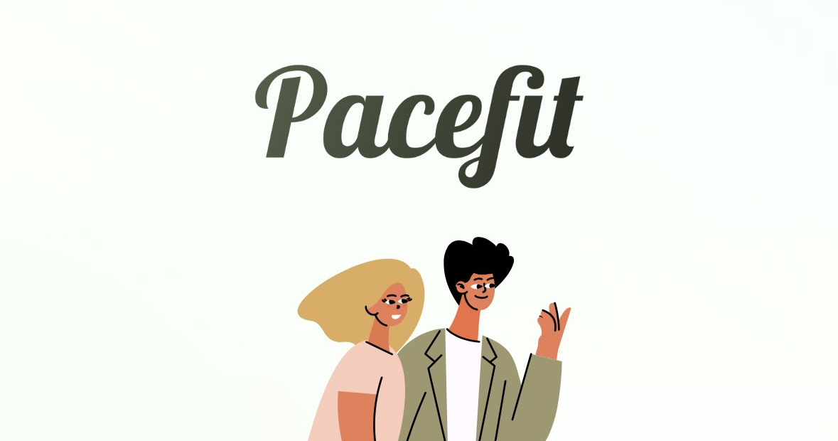 2 cel-shaded people walking to the right under the word "Pacefit" in a script font.